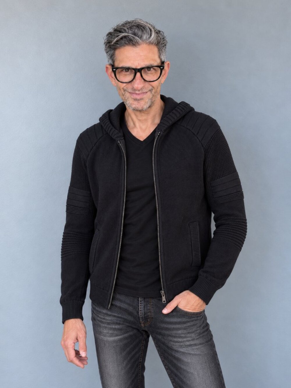 Stone Falcon Men's Black Moto Ribbed Knit Full Zip Sweater Hoodie Small